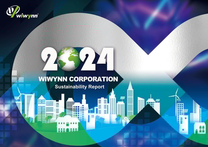 Wiwynn 2025 Sustainability Report , featuring blue-green tones with a tree silhouette and company logo, presenting a visual style that combines technology and environmental sustainability